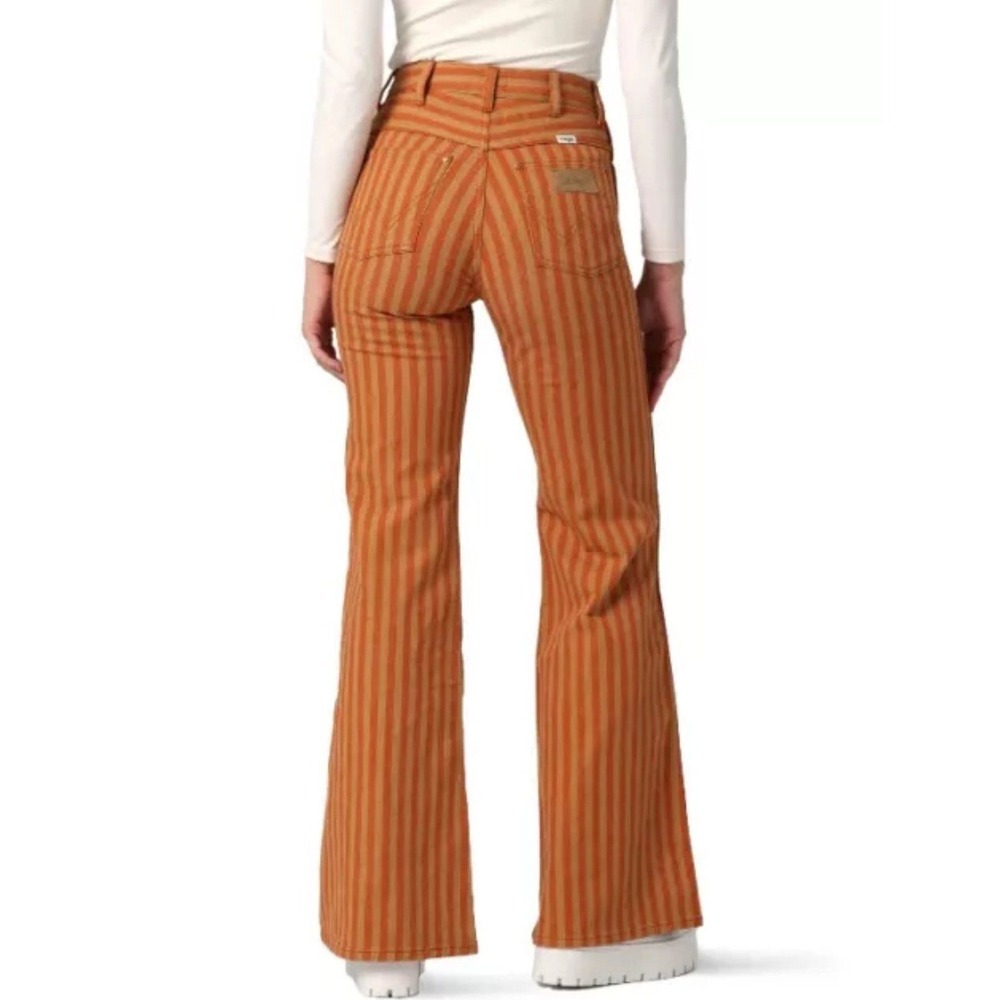 Wrangler Wanderer High Rise Flare Jeans Orange Tan Striped 27 622 Retro 70s